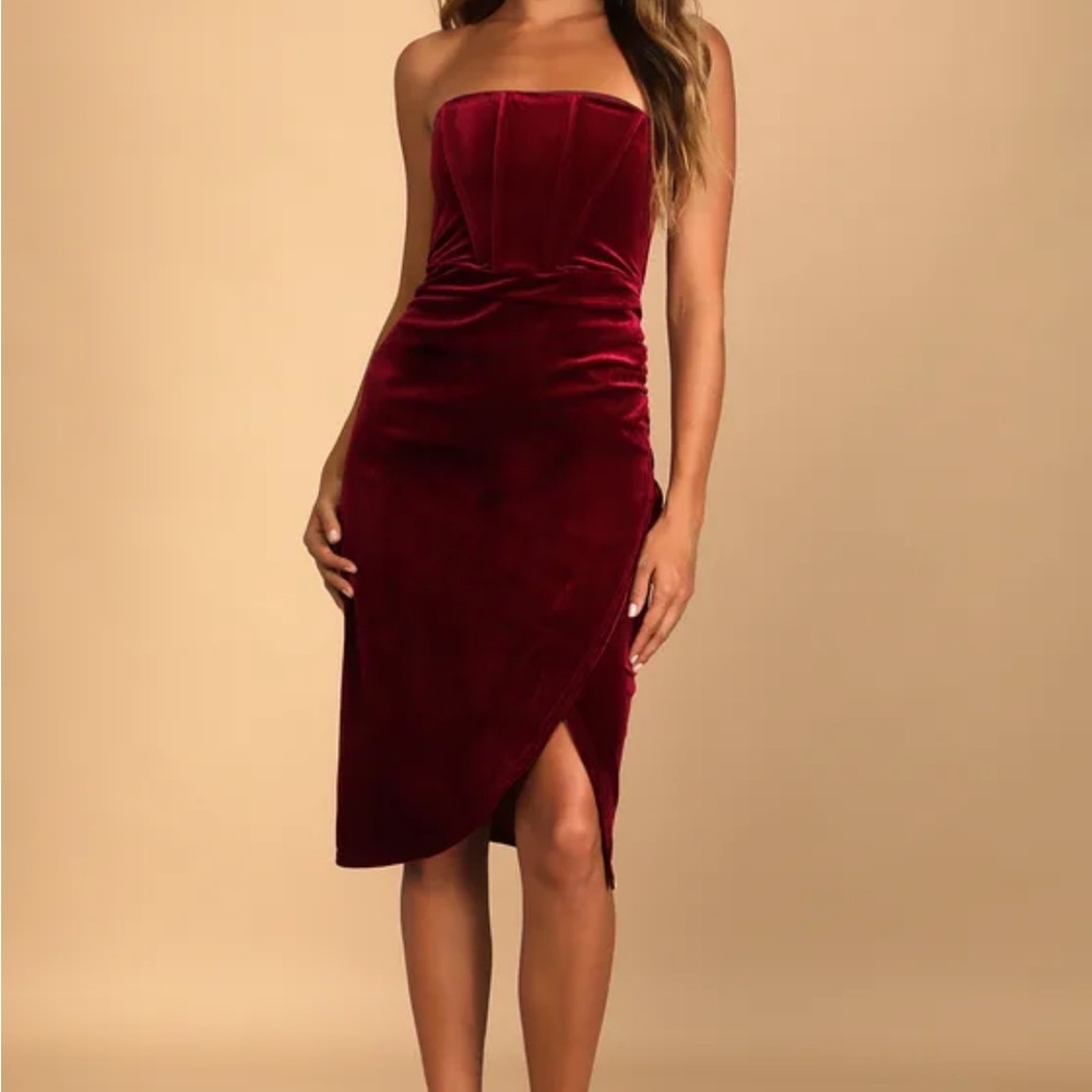 Glamorous Celebrations Wine Red Velvet Strapless Tulip Dress
